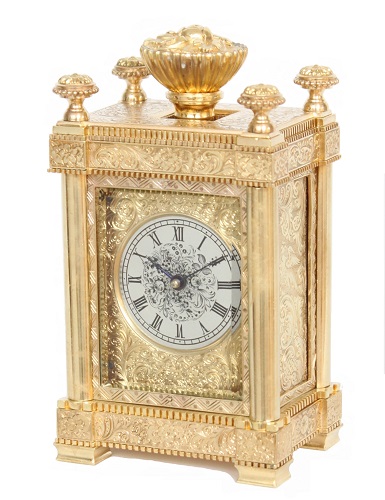 An unusual English engraved gilt brass carriage clock, Aubert & Klaftenberger, London circa 1850.